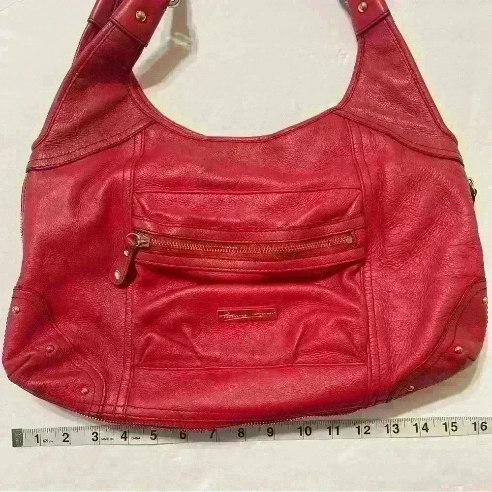 Etienne Aigner Red Genuine Leather Handbag Pockets Zip Around Boho Outdoor